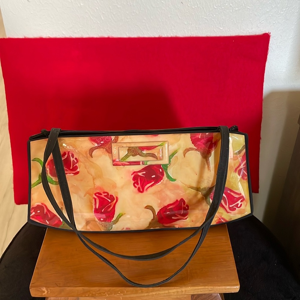 Vintage Angela Frascone-Patent Leather Shoulder/Tote Bag-Cream w/ Red Roses